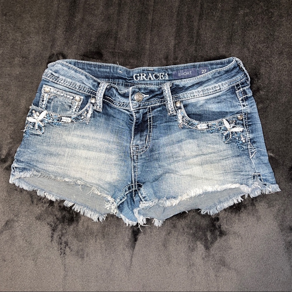 Grace in LA Denim Embellished Cut-Off Jean Shorts